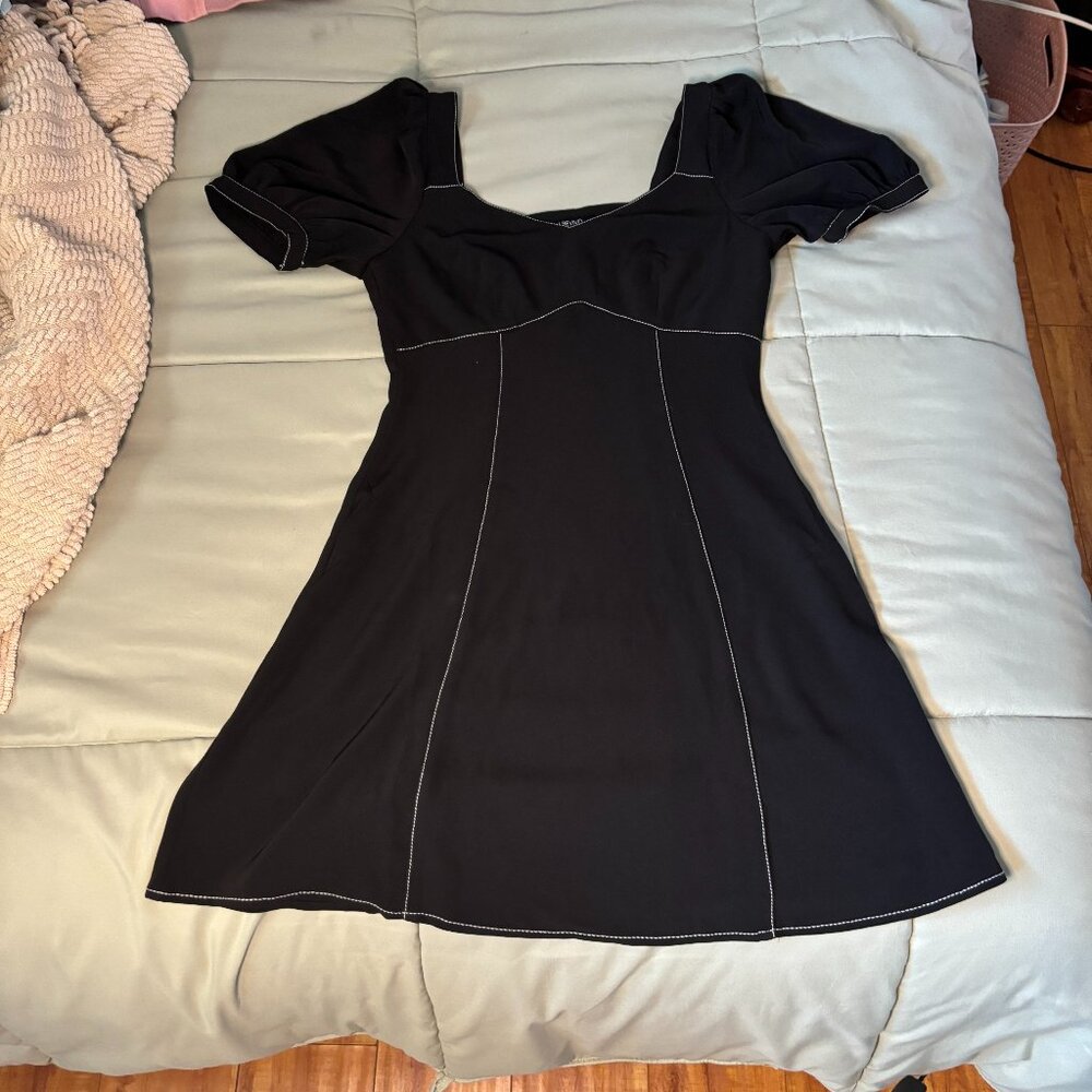 Urban Revivo Dainty Black Mini Dress Classy Girly White Thread Detailing